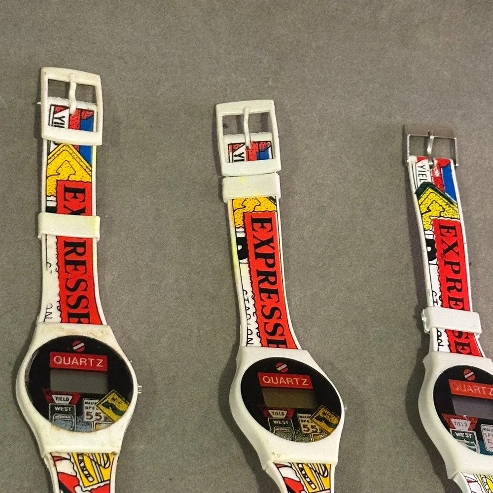 Vintage 90s Pop Art‎ Road Sign Digital Quartz Watch Lot of 3 Retro Kitsch White